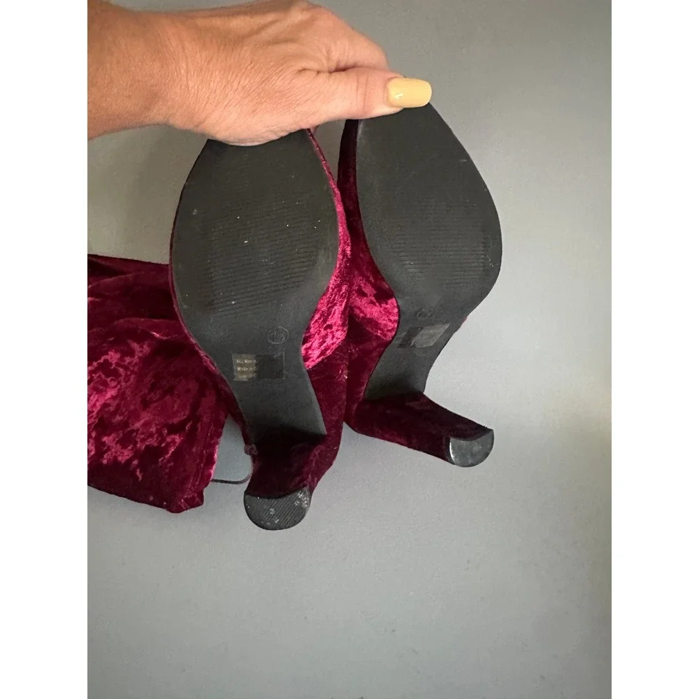 Burgundy Crushed Velvet Over The Knee Boots Block Heel Pointed Toe Size 7.5